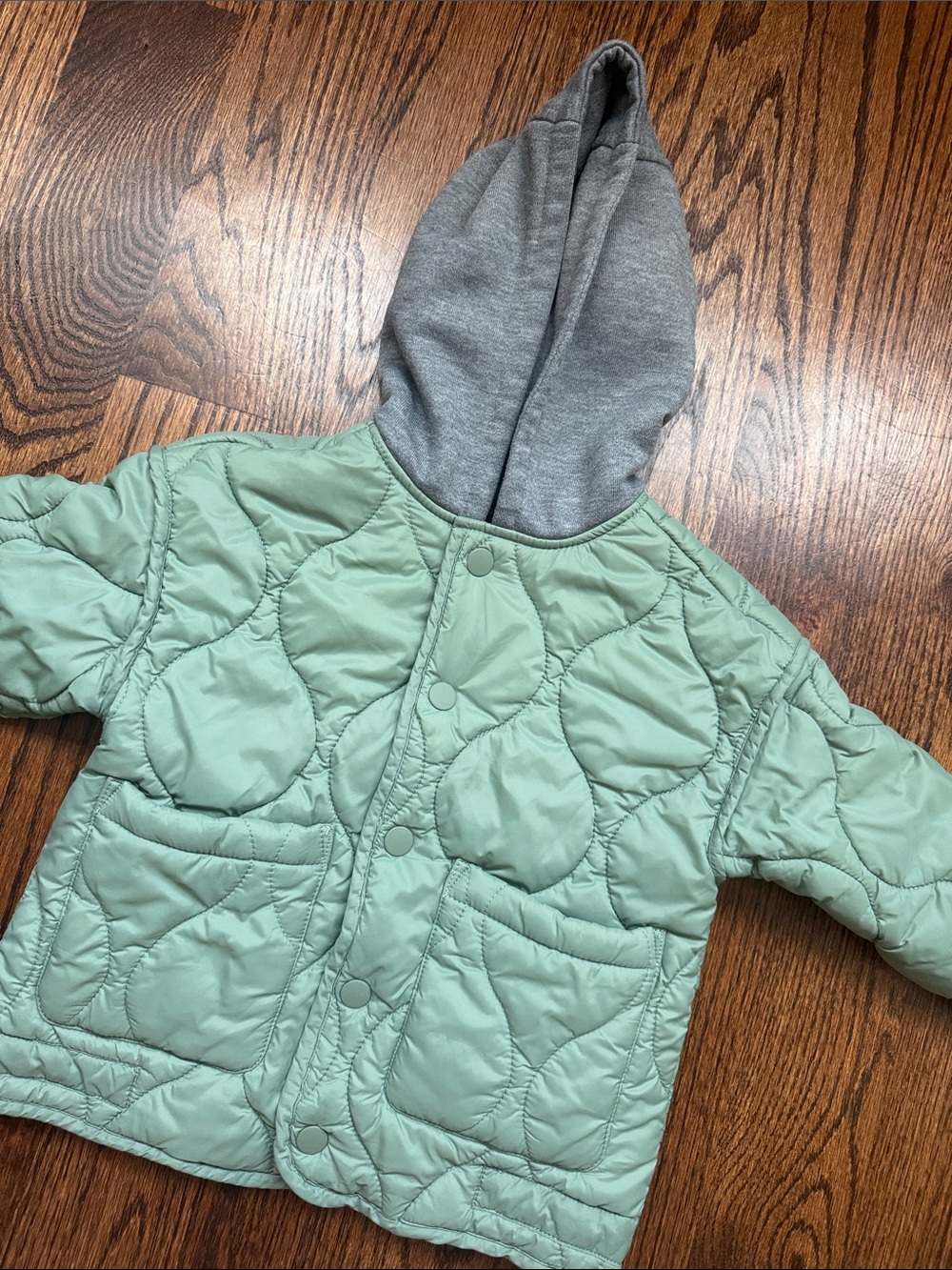 Zara Kids Quilted Hooded Puffer Jacket in Mint Green with Gray Hood